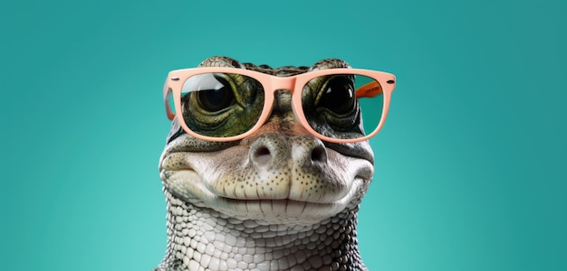 Photo crocodile in sunglass shade glasses left position isolated on solid pastel background generative ai