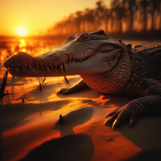 crocodile on sunset in the morning