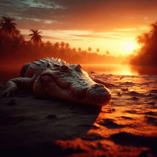 crocodile on sunset in the morning