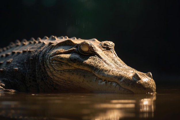 A crocodile swimming in a dark swamp