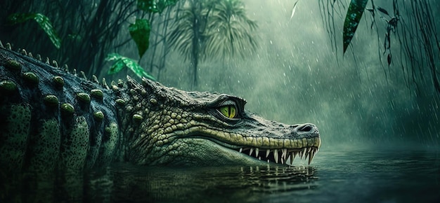 A crocodile swimming in a superimposed lake in the jungle captured in close detail on a rainy day Generated With AI