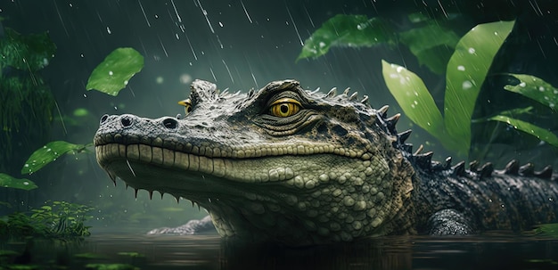 A crocodile swims in a superimposed lake in the jungle captured up close on a rainy day Generated With AI