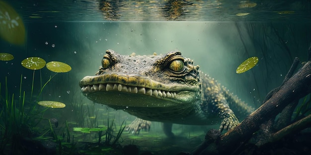 A crocodile swims in a superimposed lake in the jungle captured up close on a rainy day Generated With AI