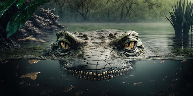 Крокодил плавает в наложенном друг на друга озере в джунглях, снято крупным планом в дождливый день. Сгенерировано с помощью ИИ.