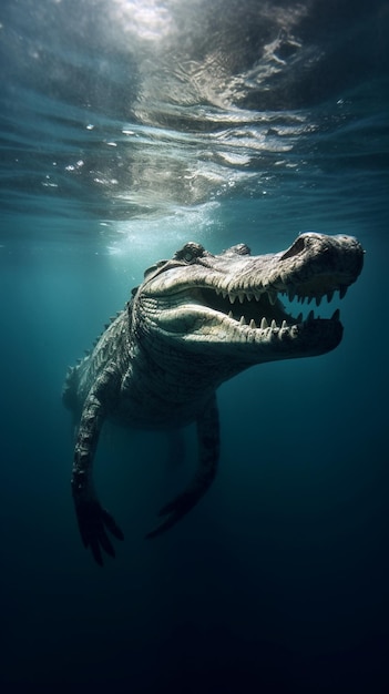 A crocodile swims under water in the ocean.