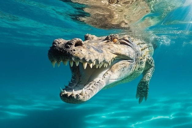 A crocodile swims under water with its mouth open.