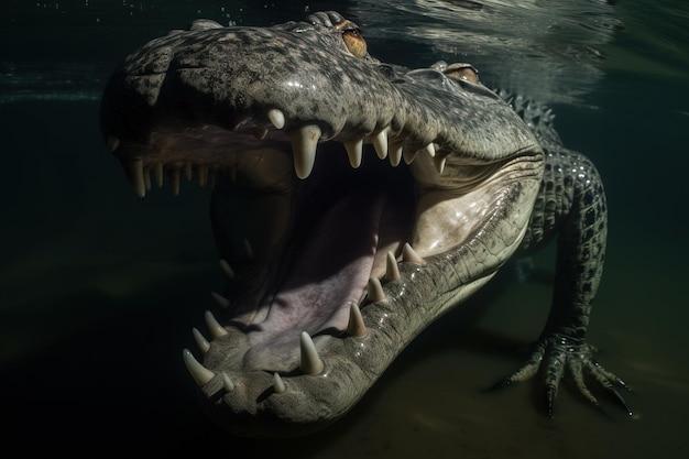 A crocodile in the water with its jaws ope