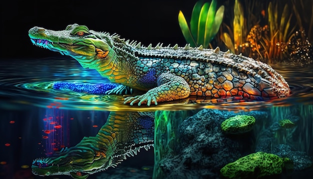 A crocodile in the water with reflections and ripples and a gator in the wild Generative Ai