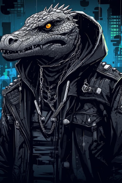 A crocodile wearing a black leather jacket with a hoodie and a hoodie.