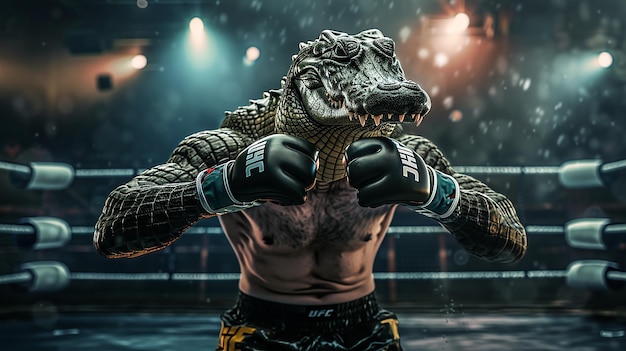 A Crocodile wearing gloves in the fight arena