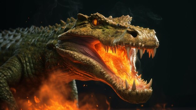 A crocodile with a burning mouth is on fire.