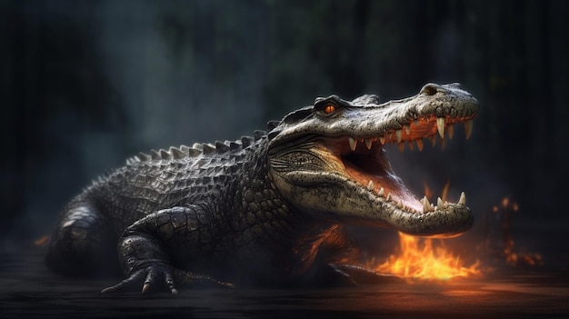 A crocodile with flames on its face and a fire in the background