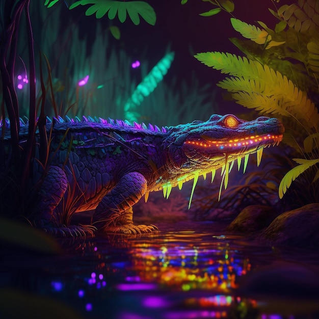 A crocodile with glowing eyes and glowing eyes stands in a swamp.