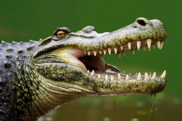 Photo crocodile with its mouth wide open with a green lake in the green background