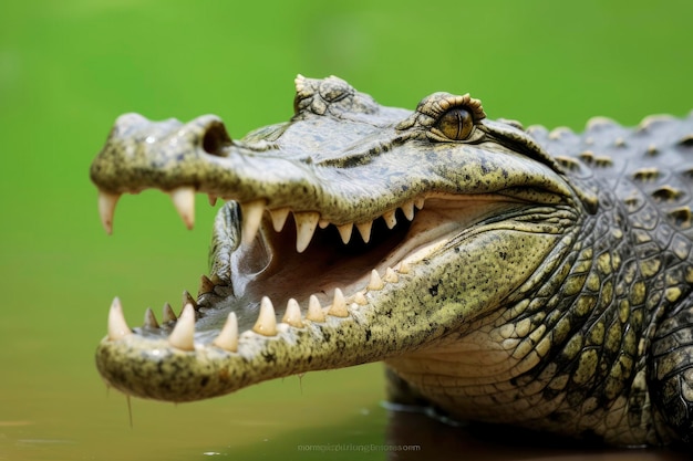 Crocodile with its mouth wide open with a green lake in the green background