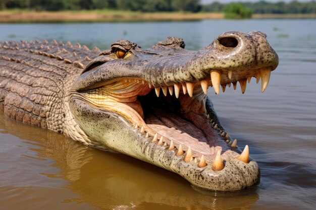 Crocodile with its mouth wide open with a green lake in the green background