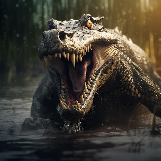 a crocodile with an open mouth is in the water.