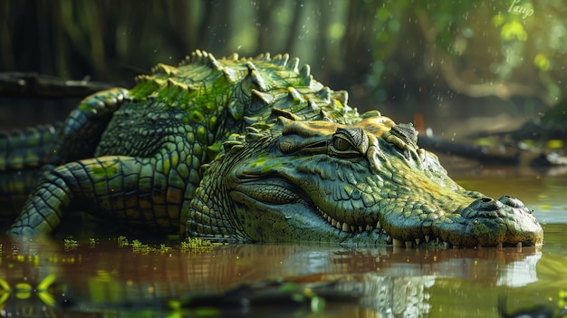 Крокодил с кожей, напоминающей грубую зеленую текстуру джекфрута, прячущийся в болоте