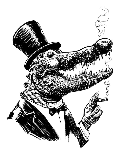 A crocodile with a top hat and a cigar.