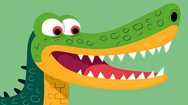 A crocodiles head and upper body mouth wide open teeth showcased topdown shot cartoon