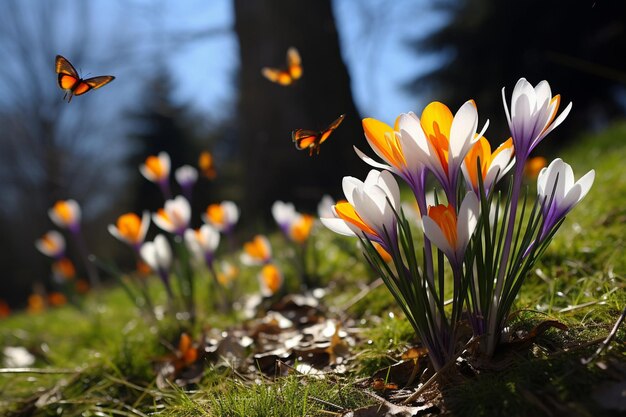 Foto crocus bloemen in een zachte focus op een zonnige lente dag met vlinder