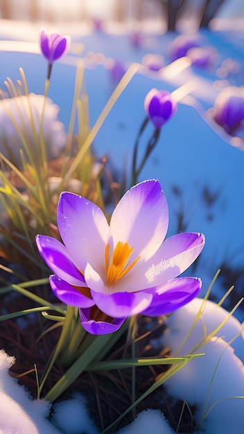 A crocus flower in the snow with the sun shining on it