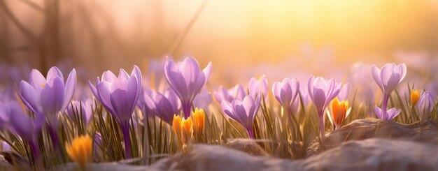 crocus flower at sunrise close up in the field