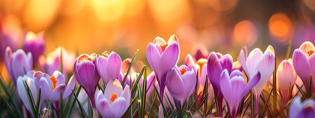 crocus flowers in the countryside with light in the distance