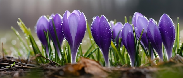 Crocus flowers in the grass with the leaves on the ground