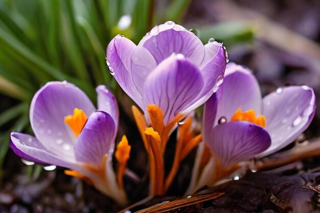 Photo crocus flowers with raindrops