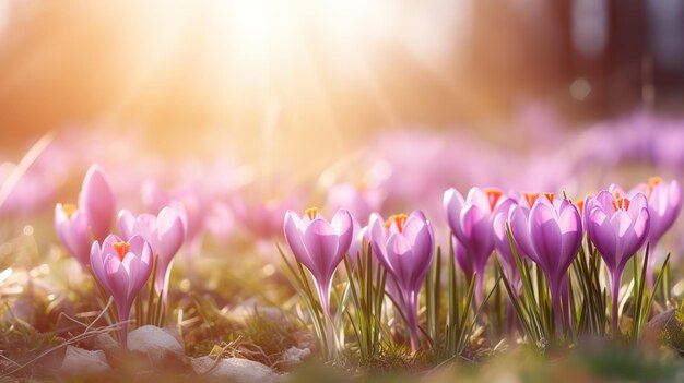 Crocus lente bloem Groei In de zomer met prachtig zonlicht Mooi bloemig breed panorama Paars Crocus Iridaceae lente achtergrond met bokeh groothoek