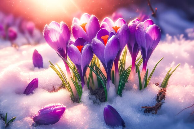 Фото Рост фиолетового весеннего цветка крокуса в снегу с пространством для копирования текста цветочная широкая панорама crocus iridaceae