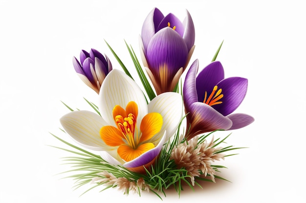 Crocus on white background fresh spring flowers Generated AI