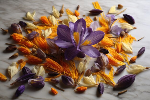 Crocusbloem en saffraan gedroogd op een tafel