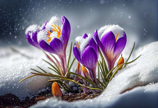 Crocuses blooming purple flowers making their way from under the snow in spring Generative ai