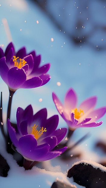 A crocuses flowers in the snow Spring flowers