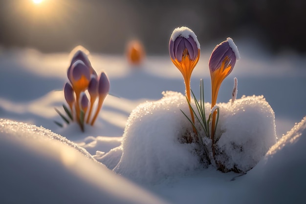 Crocuses in the snow close up AI generation