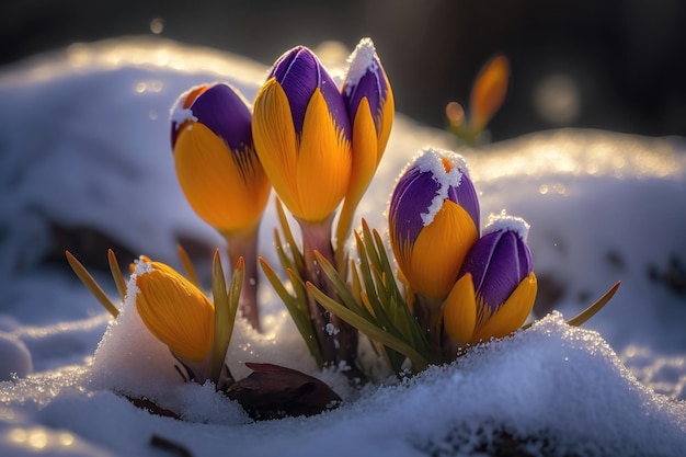 Crocuses in the snow close up AI generation