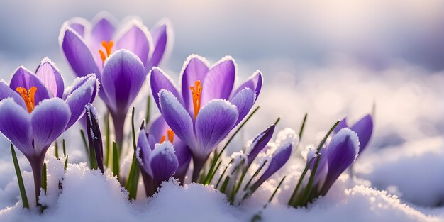 Crocuses in snow first spring wildflowers bokeh effect selective focus