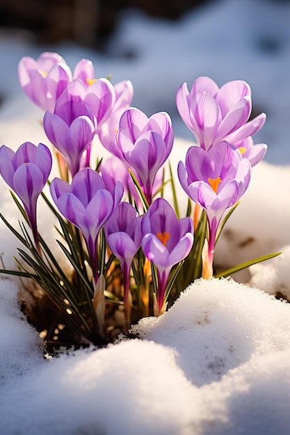 Crocuses vibrant purple flowers emerging from the snow blooming in early spring with room for text