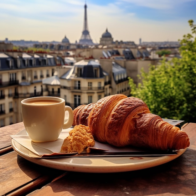 Photo croissaint on a porceilian plate with the beautiful parisian city behind it and the eiffel tower
