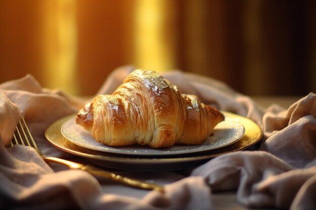 Croissant bokeh thee bakkerij beker tafel achtergrond drank ontbijt eten ochtend achtergrond generatieve AI