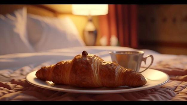 Croissant Breakfast Served on a Bed in a Hotel Room