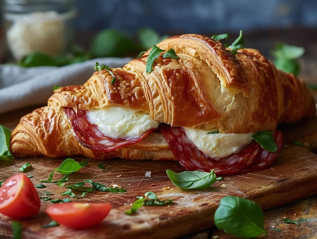 Foto croissant broodje met salami en kaas