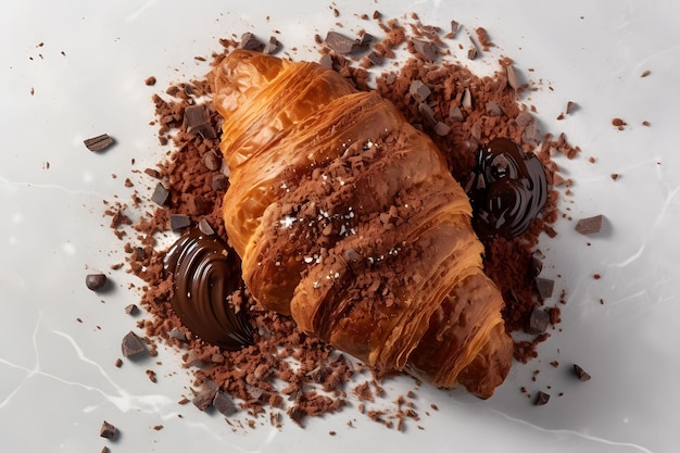 Foto croissant con gocce di cioccolato su una superficie di marmo torte fatte in casa foto commerciale promozionale