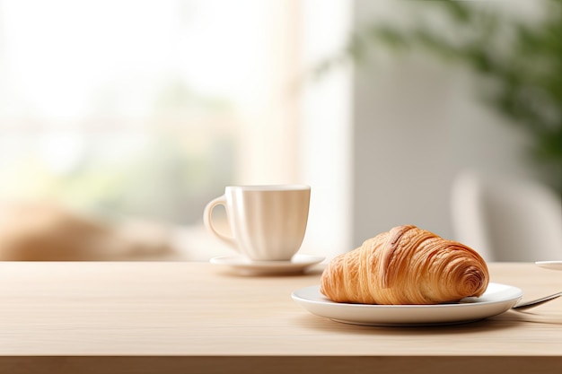 A croissant and coffee are placed on a kitchen countertop with a blurred minimalist interior and mod