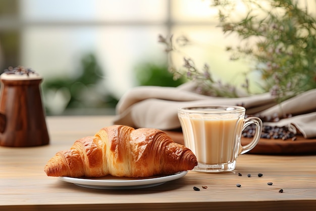 Croissant and coffee on kitchen countertop against blurred minimalist interior with modern furniture Selective focus at homemade pastry and tea drink in cup on table illustration generative ai