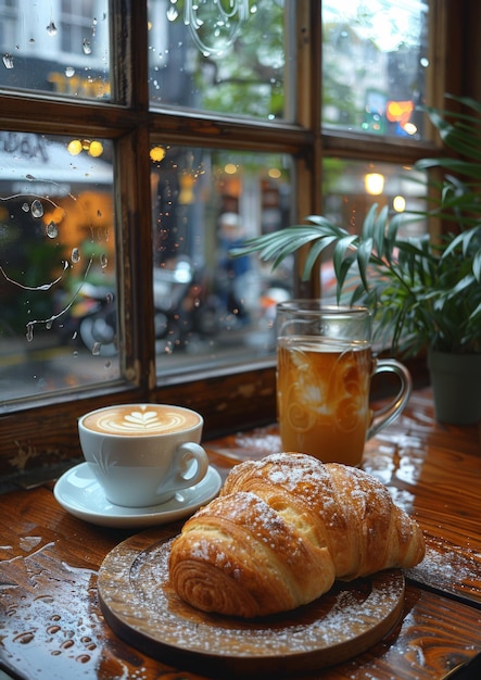 カフェのテーブルにクロワッサンとコーヒー