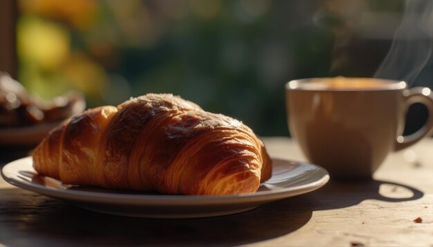 Croissant and coffee on the table Sunny morning street view in the background Generative AI