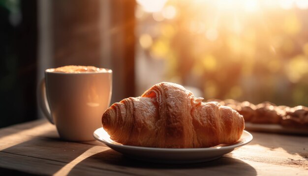 Круассан и кофе на столе Солнечное утро Вид на улицу на заднем плане Генеративный ИИ